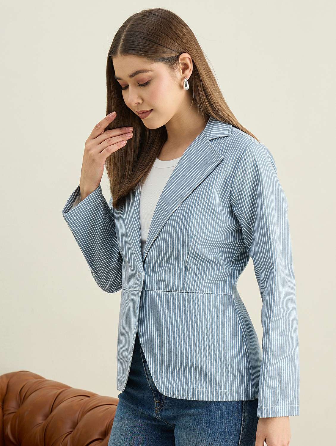women striped long sleeve single breasted blazer - 22401950 -  Standard Image - 3