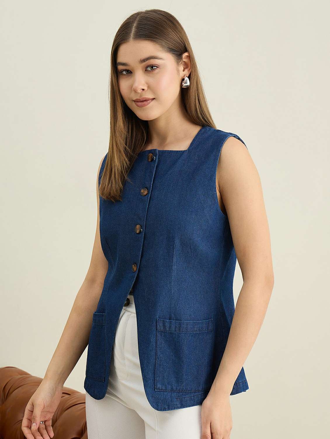 women solid sleeveless denim vest top - 22401956 -  Standard Image - 3
