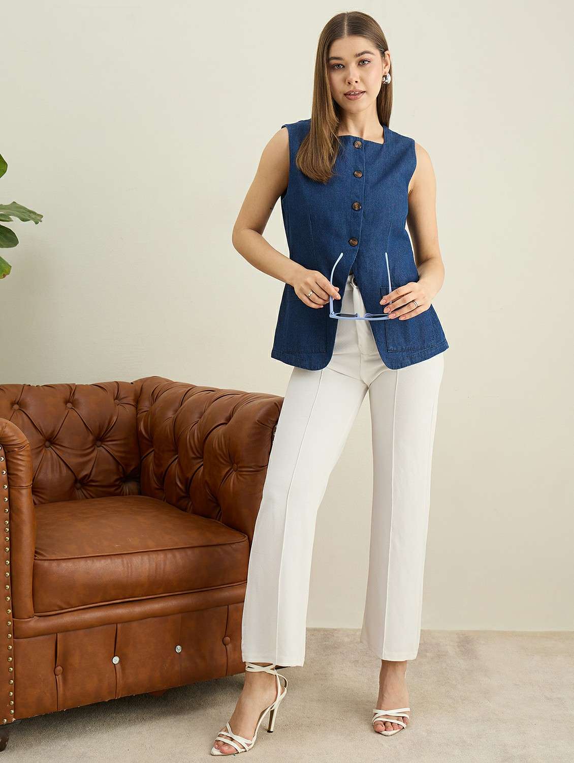 women solid sleeveless denim vest top - 22401956 -  Standard Image - 5