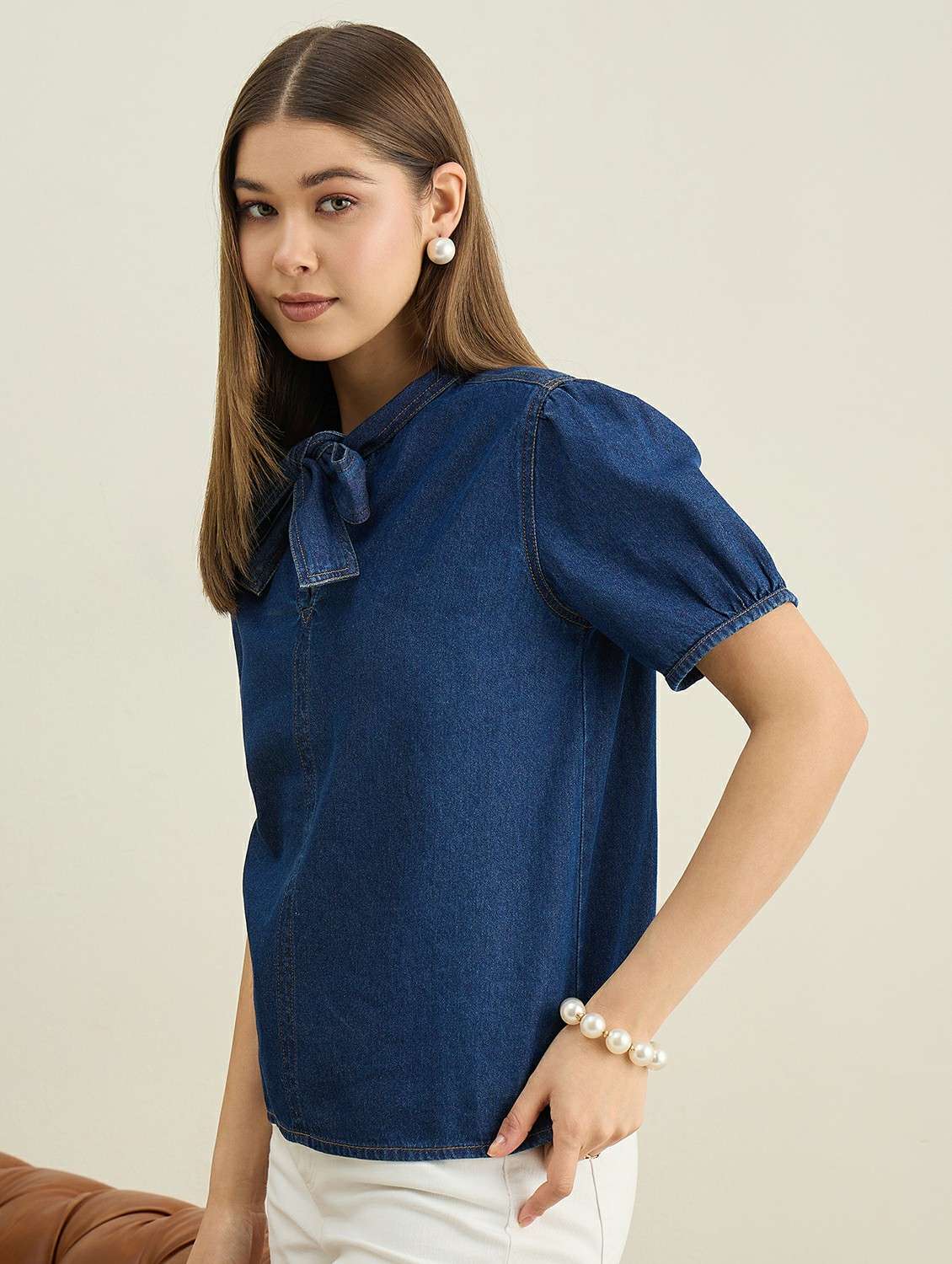 women solid puff sleeve denim top - 22401957 -  Standard Image - 3