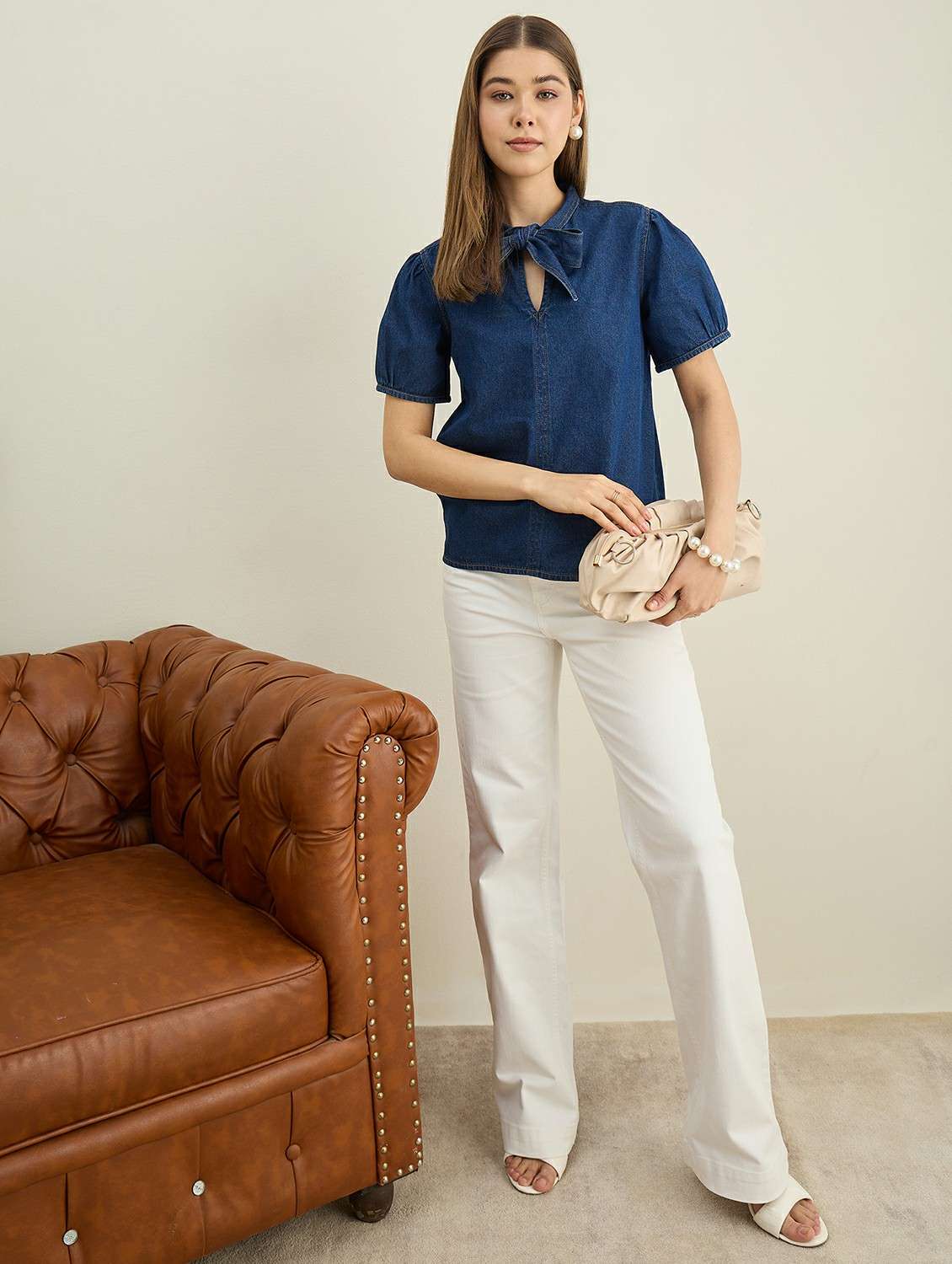 women solid puff sleeve denim top - 22401957 -  Standard Image - 5