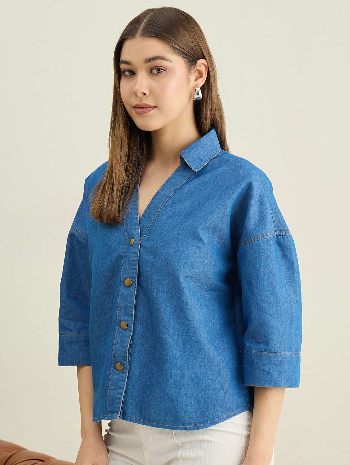 women solid puff sleeve denim boxy shirt - 22401959 -  Standard Image - 3