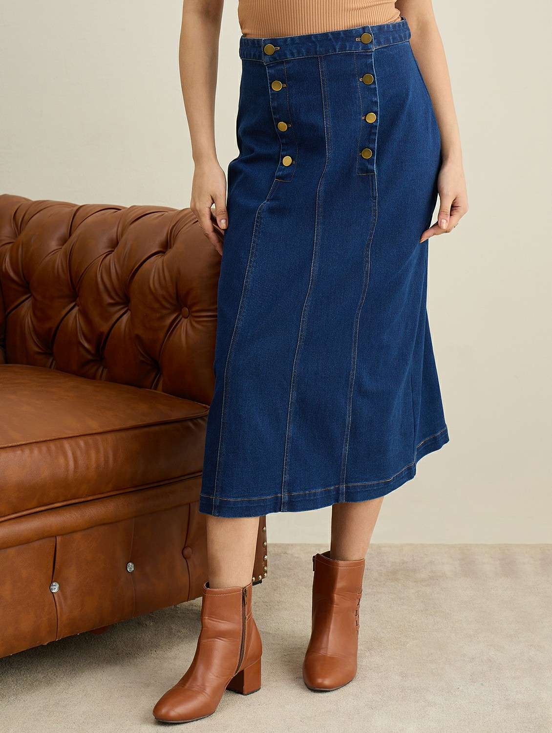 women solid high rise denim a-line skirt