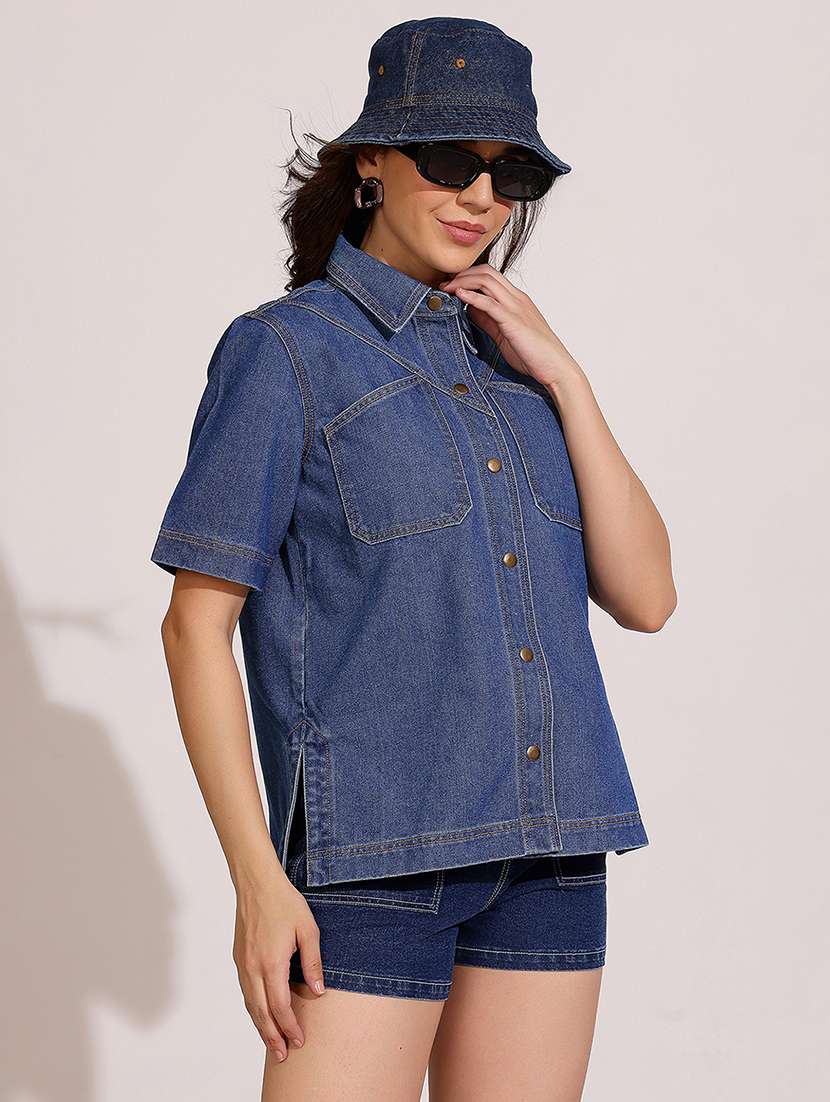 women solid collared short sleeve denim shirt - 22401990 -  Standard Image - 3