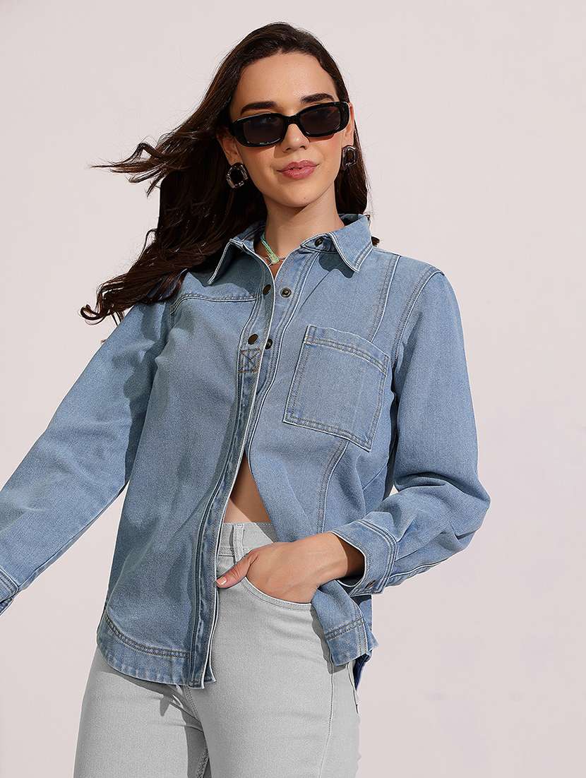 women solid long sleeve denim shirt