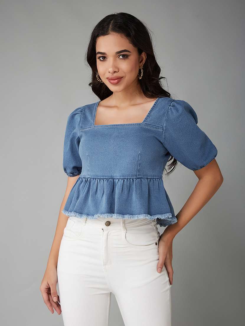 women solid puff sleeve denim peplum top