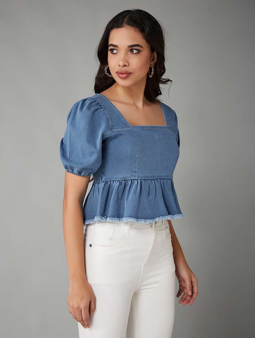 women solid puff sleeve denim peplum top - 22401996 -  Standard Image - 3