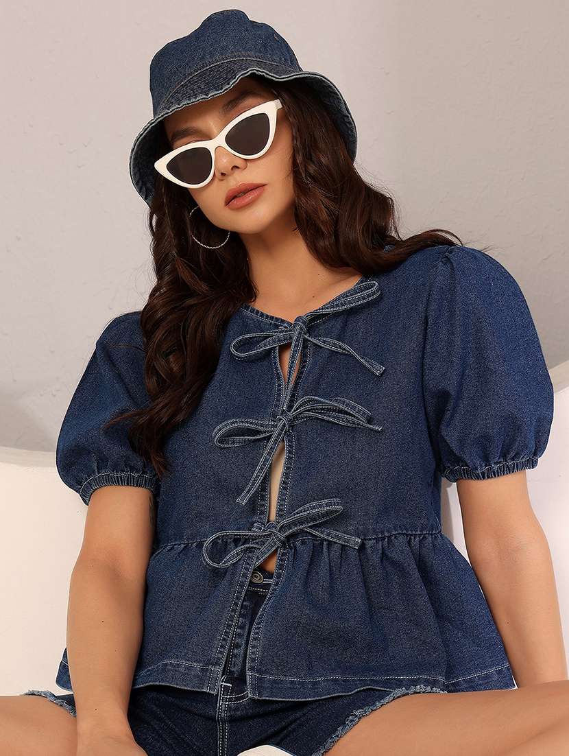women solid puff sleeve front tie up denim peplum top