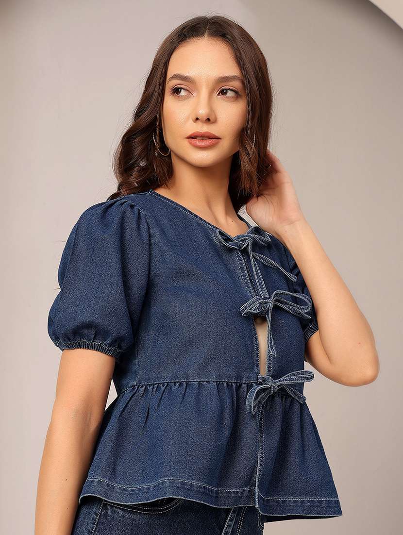 women solid puff sleeve front tie up denim peplum top - 22401997 -  Standard Image - 3