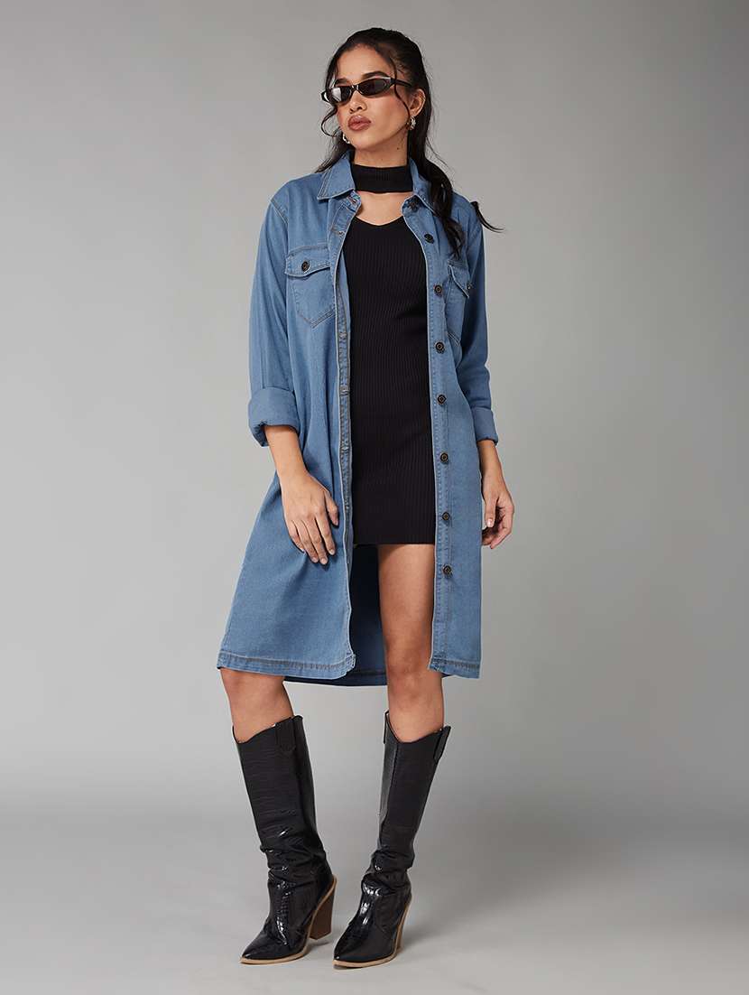 women solid collared long sleeve long denim jacket