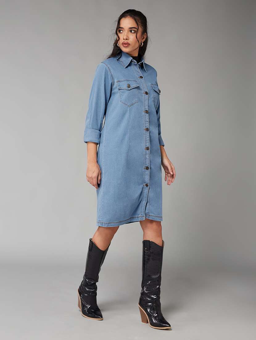 women solid collared long sleeve long denim jacket - 22402000 -  Standard Image - 3