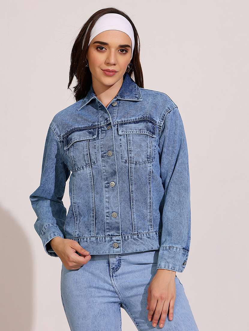 women solid long sleeve denim jacket