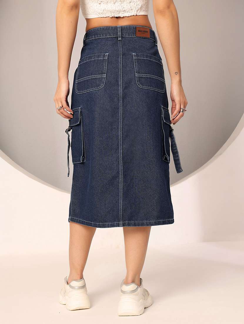 women solid high rise cargo denim skirt - 22402003 -  Standard Image - 3