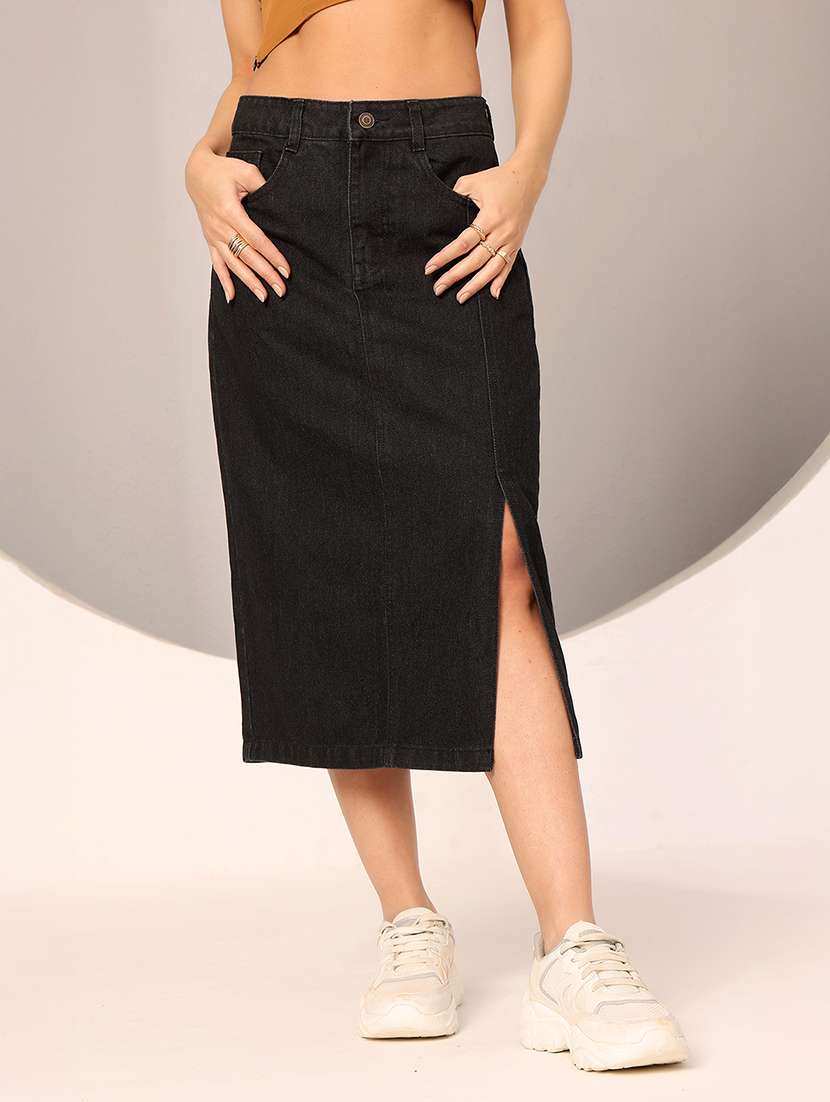 women solid high rirse straight denim skirt