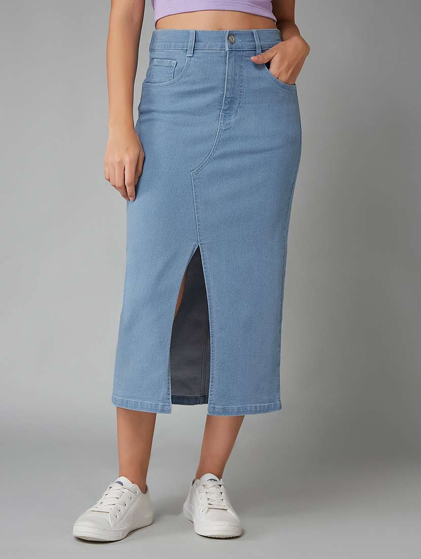 women solid high rise denim straight skirt