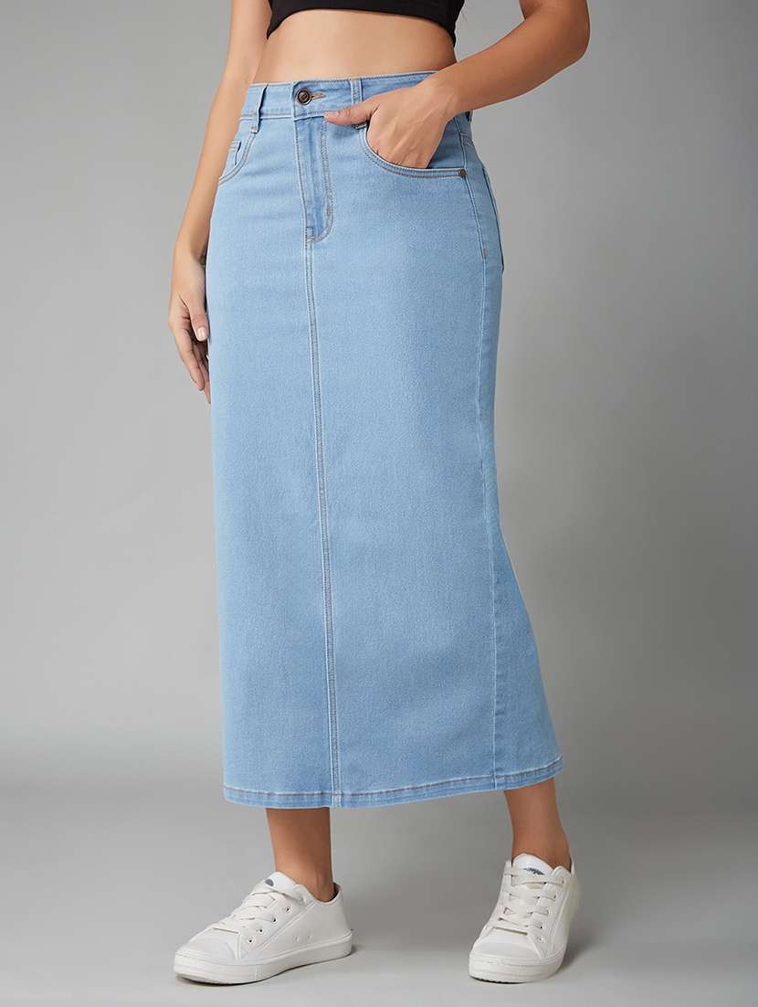 women solid high rise denim straight skirt
