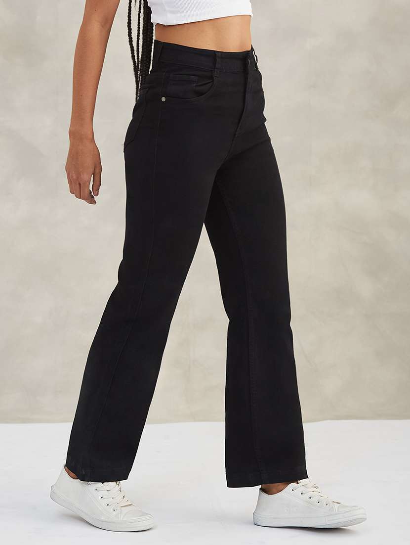 women solid high rise bootcut jeans