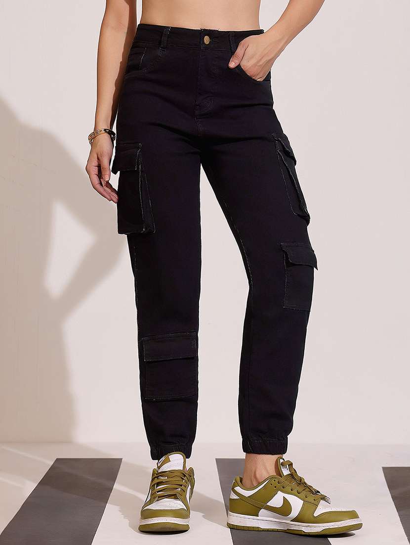 women solid high rise cargo jogger