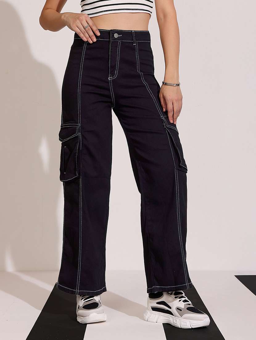 women solid high rise denim cargo