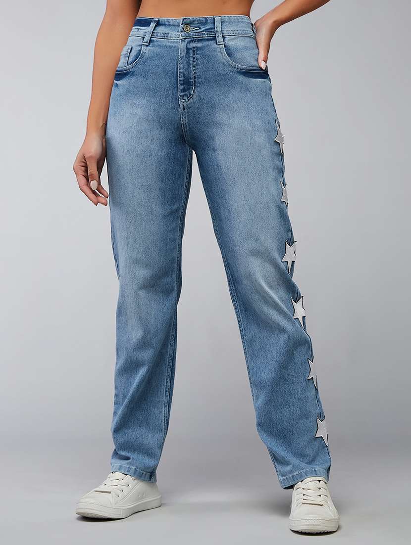 women patched high rise straight jeans