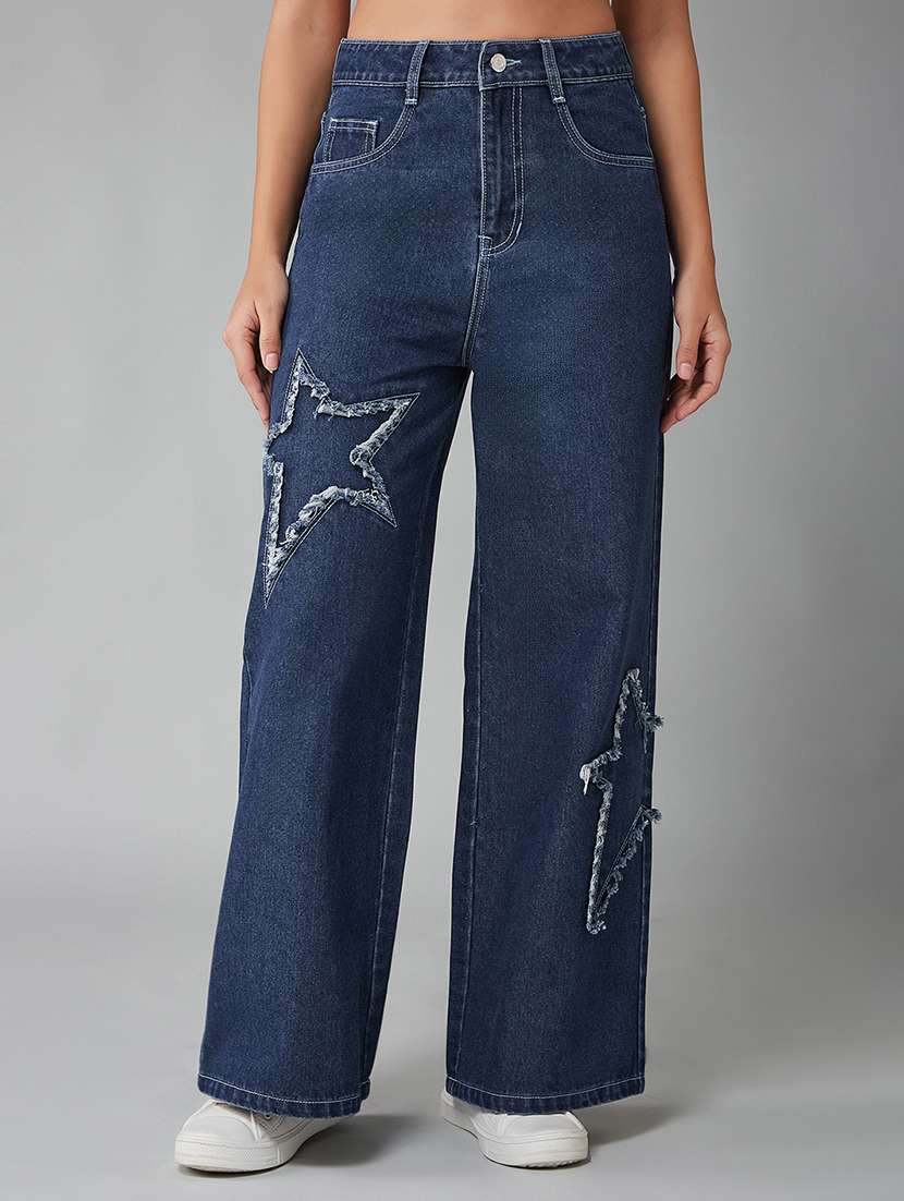 women patched high rise wide leg jeans