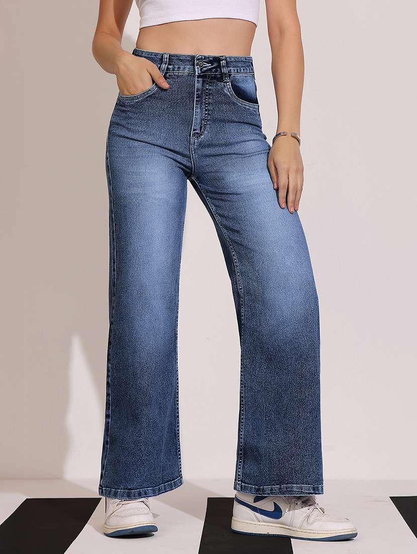 women washed high rise straight fit jeans