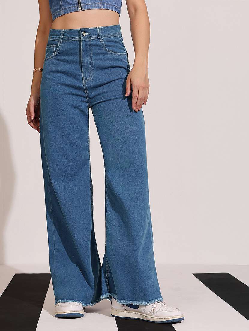 women solid high rise wide leg jean