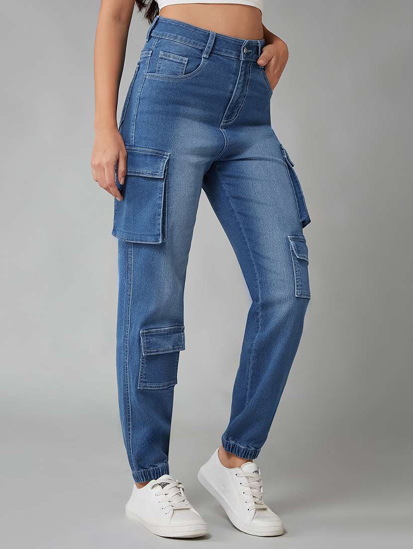 women solid high rise cargo jogger