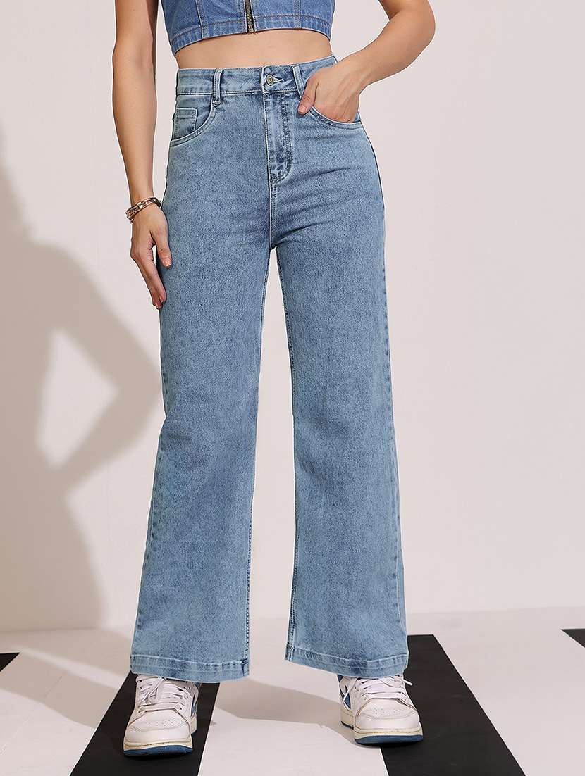 women solid high rise wide leg jean