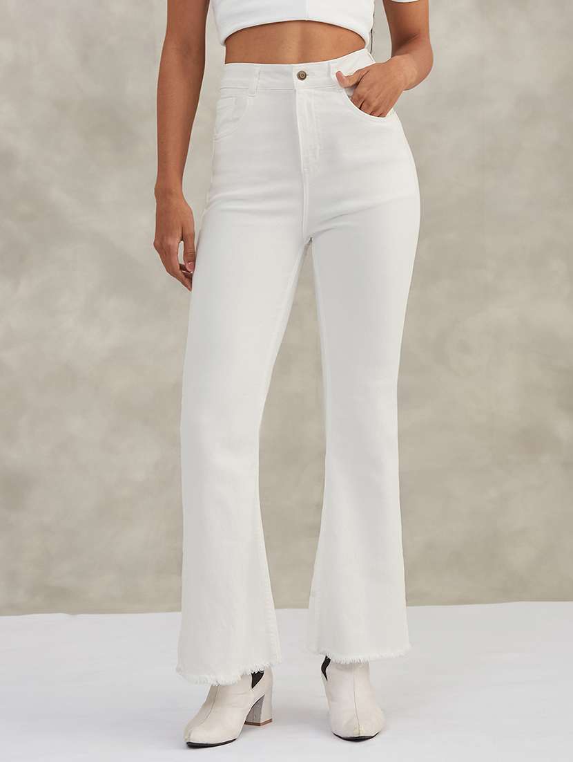 women solid high rise bootcut jeans