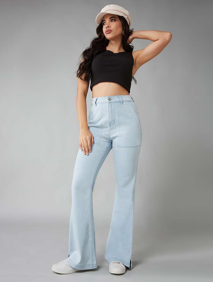 women solid high rise bootcut jeans