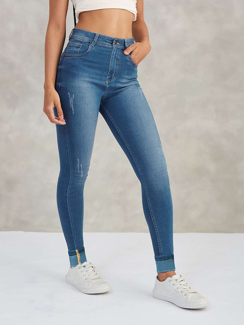 women solid high rise skinny jeans