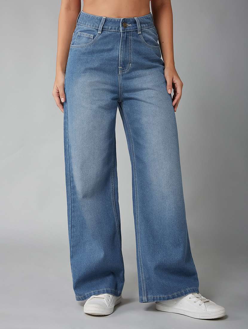 women solid high rise wide leg jeans