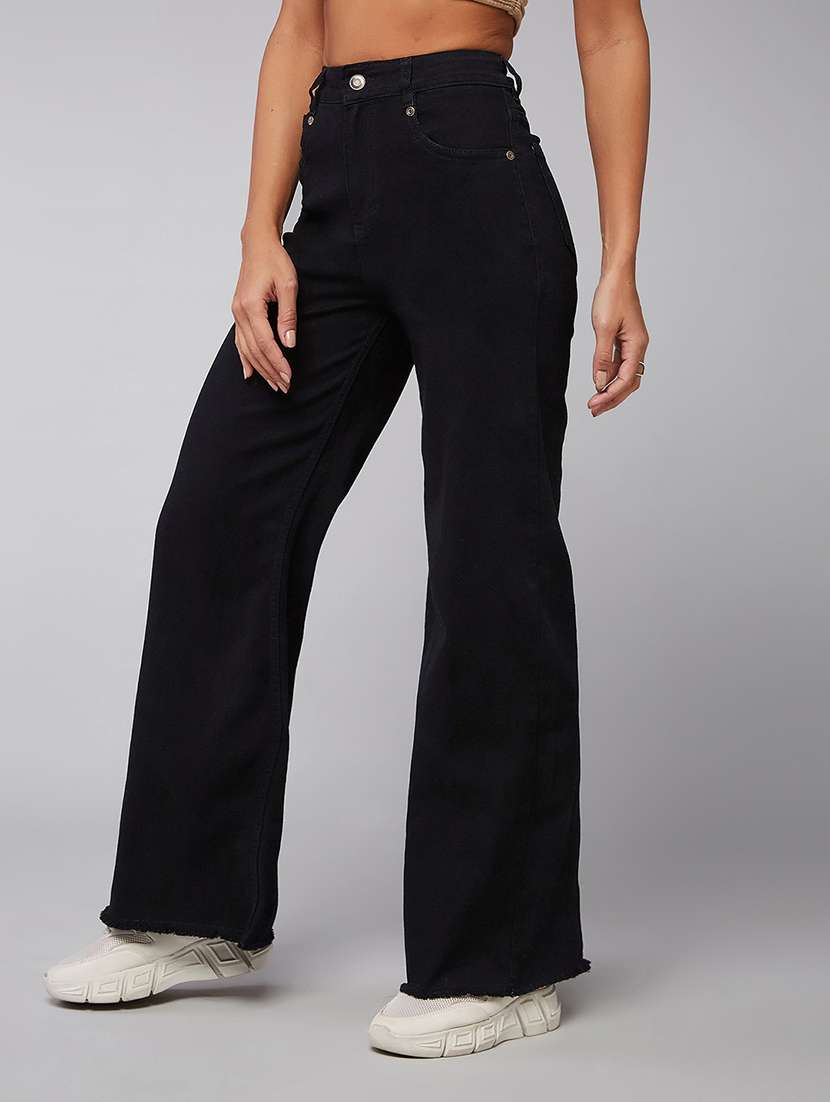 women solid high rise wide leg jeans