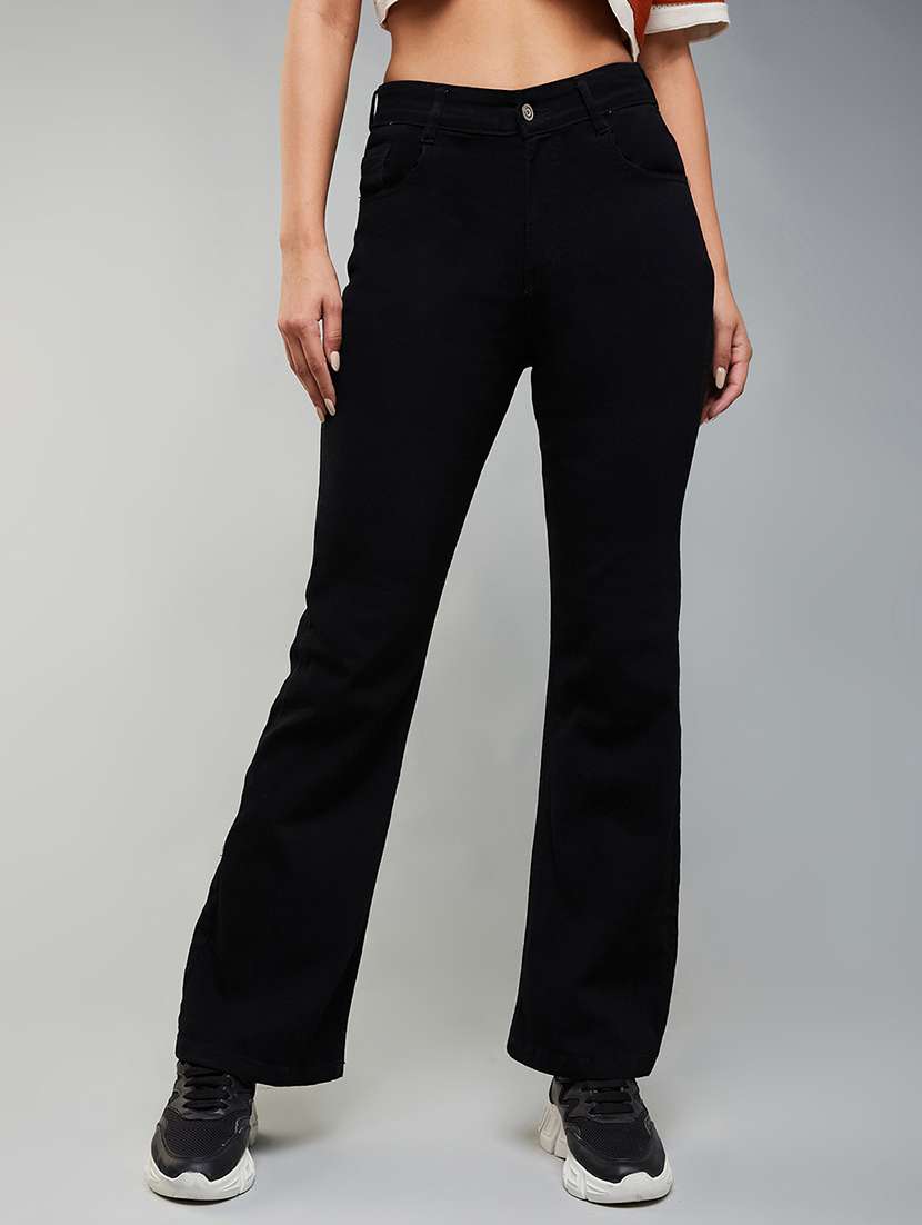women solid high rise bootcut jeans
