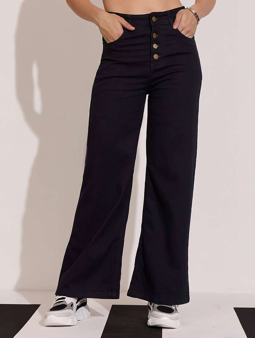 women solid high rise wide leg jeans
