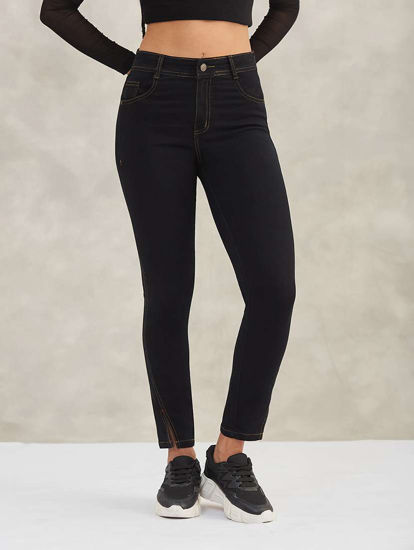 women solid high rise slim jeans