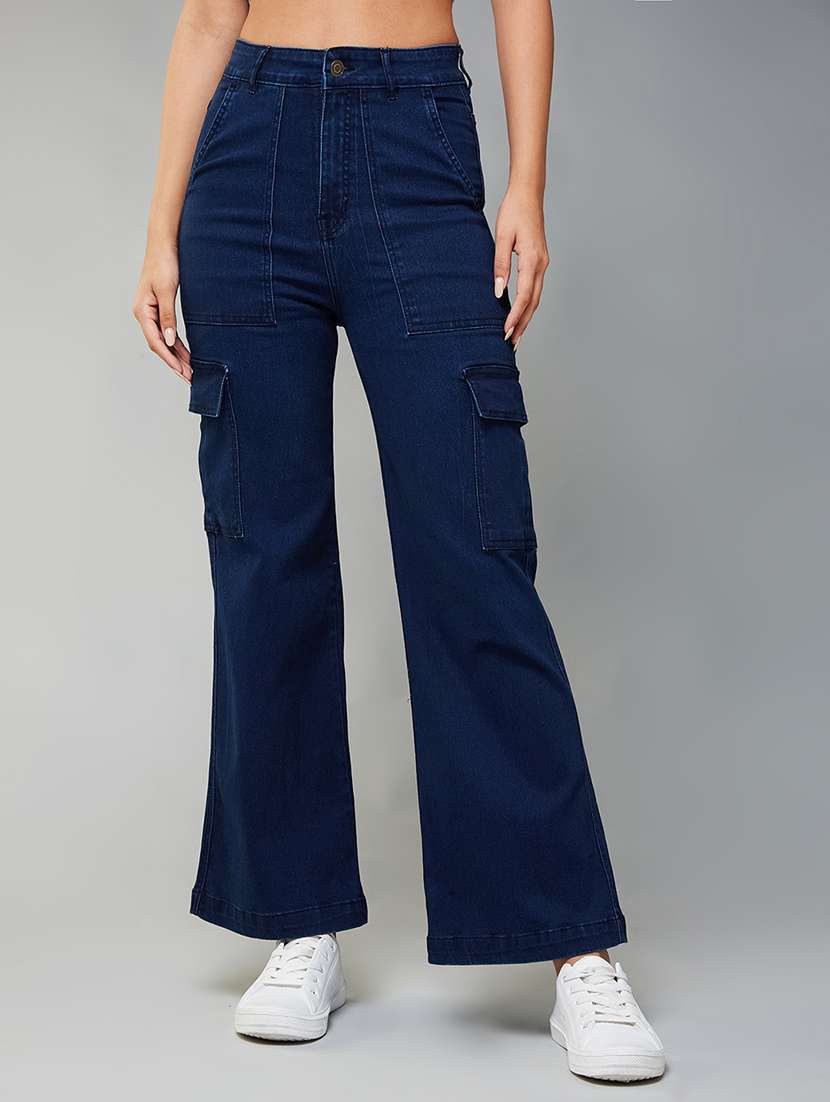 women solid high rise denim cargo