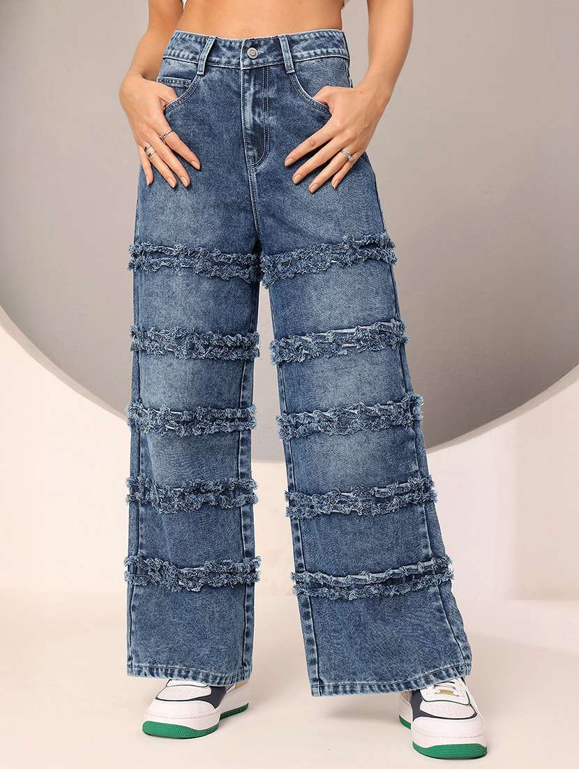 women washed high rise wide leg jeans