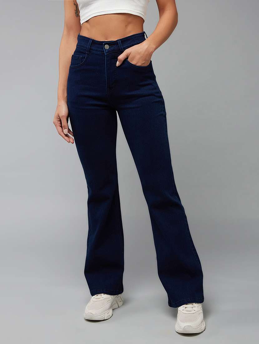 women solid high rise bootcut jeans