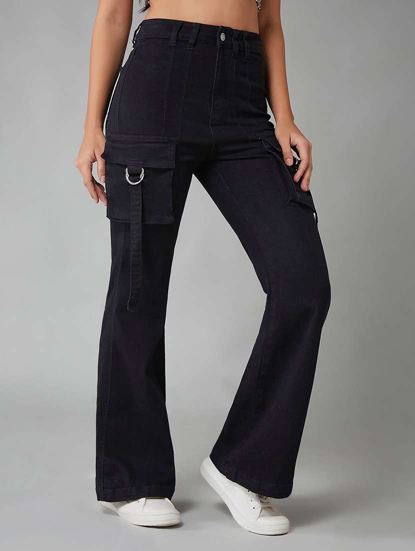 women solid high rise denim cargo