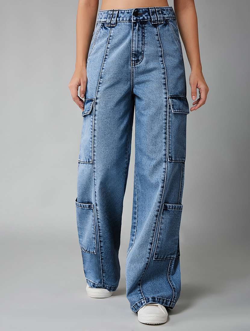 women solid high rise denim cargo