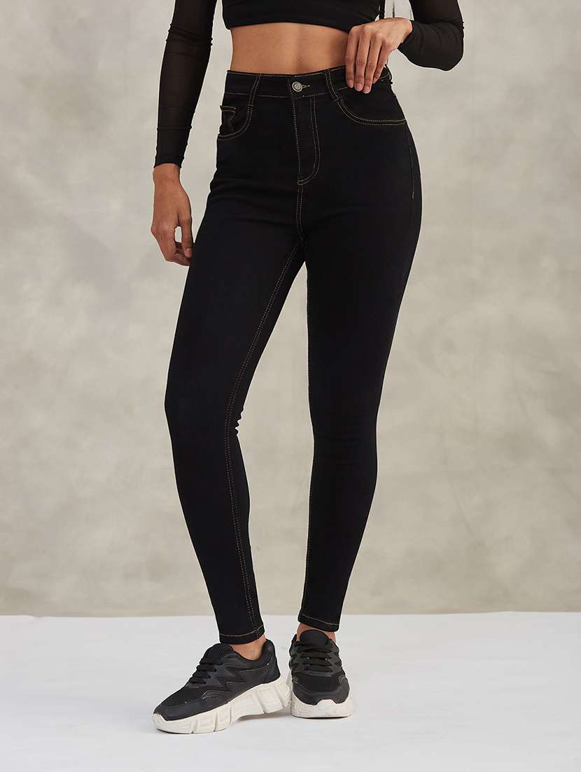 women solid high rise skinny jeans