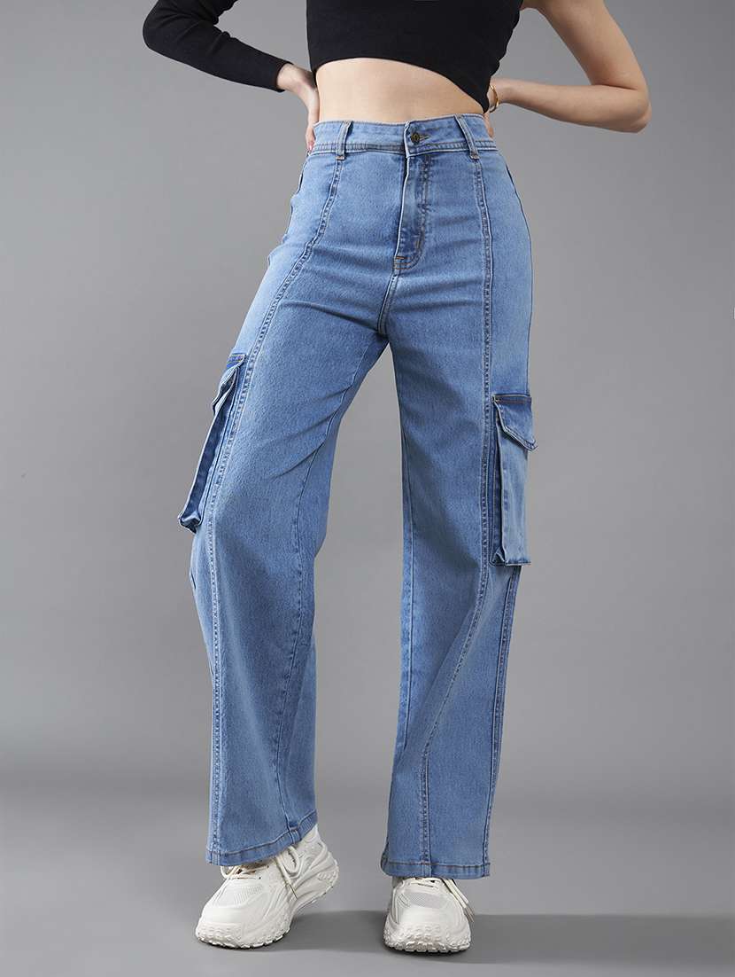 women solid high rise denim cargo