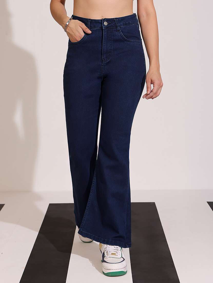 women solid high rise bootcut jeans