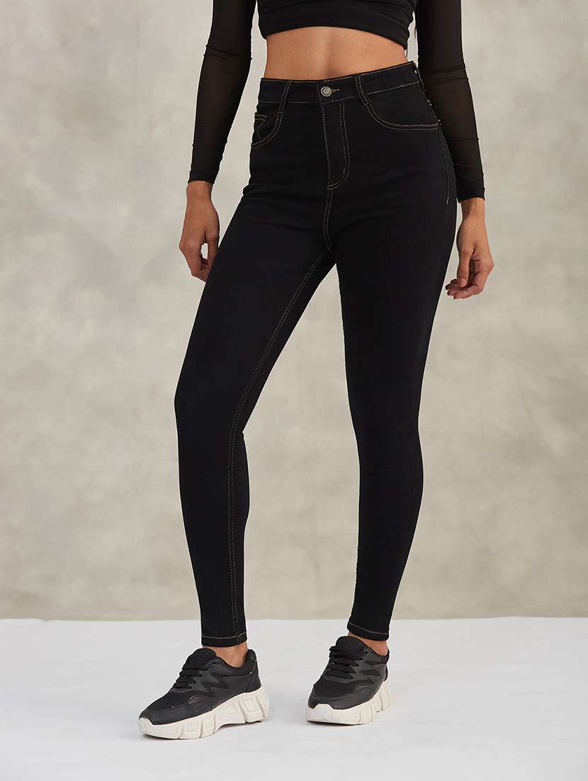 women solid high rise skinny jeans