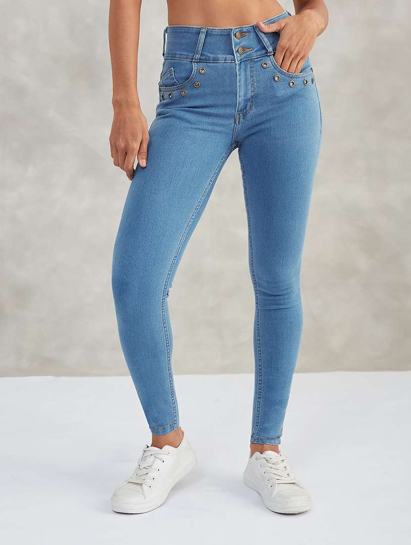 women solid high rise skinny jeans