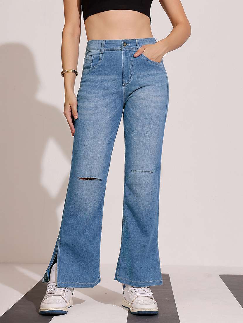 women slash knee high rise bootcut jeans