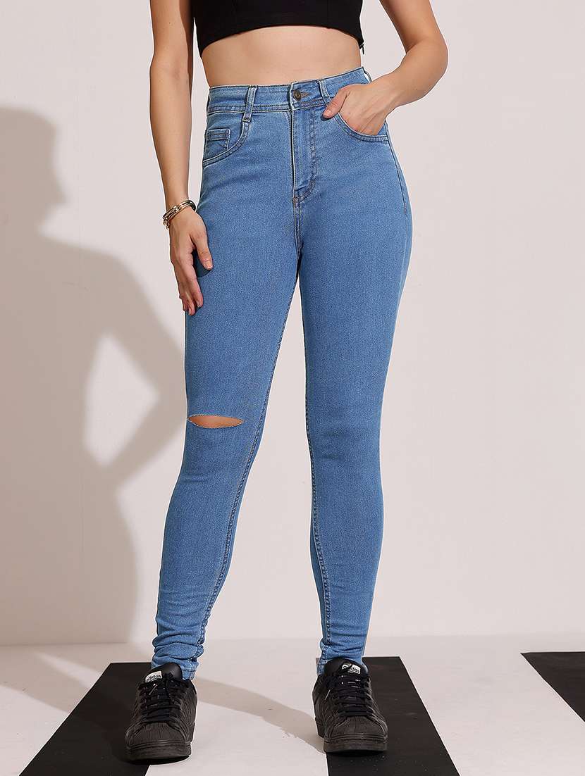 women distresed high rise skinny fit jeans