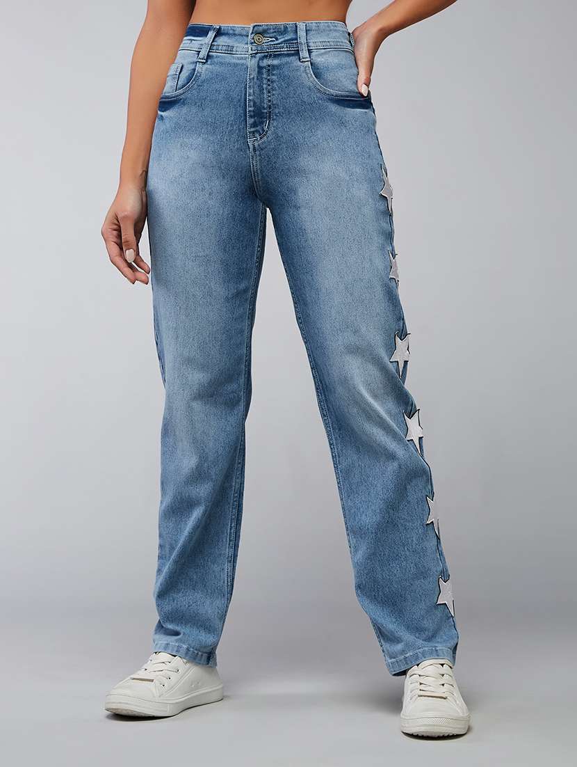 women patched high rise straight jeans